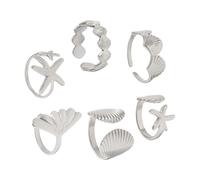 FIRSTXIU 6PCS Hot Day Beach Holiday Jewelry Open Joint Anelli Starfish Shell Design Robusto Lega Anelli Regolabili Set Regalo Collezione Multi Combinazione, Misura unica, come descritto, come