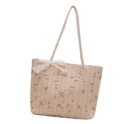 FIRSTXIU Borsa a tracolla intrecciata in paglia con fiocco in pizzo per borsa da spiaggia da viaggio con ricamo floreale di grande capacità, Fiori Bianco-verdi, 26*8*24cm