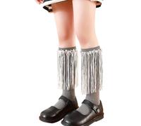 FIRSTXIU Calzini antiscivolo per bambini a metà polpaccio morbido elastico ragazza scuola danza costume paillettes frange calzini alti al ginocchio per bambini, grigio, Taglia unica