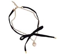FIRSTXIU Collana elegante con fiocco, perle e perline con ciondolo a forma di cuore, catena alla clavicola, per donne e ragazze, 30cm+7cm, Velluto+lega+perla d'imitazione