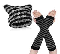 Firtink Berretto da donna con orecchie di gatto, cappello Y2K, invernale, caldo, a righe, lavorato a maglia Fairy Grunge, uncinetto, gatto, berretto da donna Slouchy Beanies con guanti lunghi da