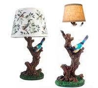 FIRVRE Lampada da Tavolo in Stile Rustico, Lámpara Mesita Noche Vintage con Base in Resina e Paralume in Lino, Lampada da Salotto Personalizzata Ispirata alla Natura, con Elementi di Design Aviarie