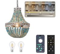 FIRVRE Lampadario con perle di legno, lampada a sospensione vintage con telecomando e temperatura di colore e luminosità dimmerabili, luci bohémien per il soggiorno (2 lampadine incluse)