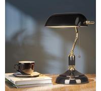 FIRVRE Nero Lampada da scrivania Banker tradizionale american vintage in vetro con interruttore a strappo E27 Lampada da tavolo retrò in bronzo Finitura LED per ufficio Biblioteca Camera