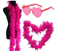 FISAPBXC Boa di Piume da Donna, Tacchino Sciarpa di Piume Accessorio per Costumi con Occhiali da Sole Senza Cornice a Forma di Cuore per Cosplay, Carnevale, Festa a Tema(200CM, Rosso Rosa)