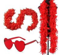 FISAPBXC Boa di Piume da Donna, Tacchino Sciarpa di Piume Accessorio per Costumi con Occhiali da Sole Senza Cornice a Forma di Cuore per Cosplay, Carnevale, Festa a Tema(200CM, Rosso)