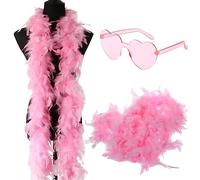 FISAPBXC Tacchino Boa di Piume, Sciarpa di Piume da Donna Accessorio per Costumi con Occhiali da Sole Senza Cornice a Forma di Cuore per Cosplay, Carnevale, Festa a Tema(200CM, Rosa)