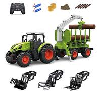 fisca Telecomando radiocomandato, radiocomandato con rimorchio, trattore, pinza in legno, battiscopa in legno e pinza, forker, braccio portatore, set da gioco per bambini 5 6 7 8+ anni
