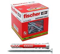 Fischer 25 Tasselli Lunghi Duopower con Vite 8 x 65 mm Universali, per il Fissaggio di Mensole, Pensili, Staffe Porta TV su Muro e Cartongesso, Grigio/Rosso, 8 x 65