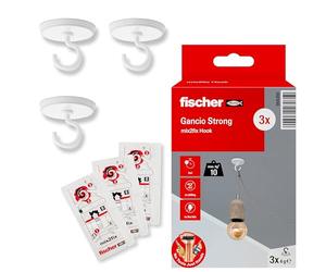 Fischer 3x Gancio Strong, Ganci Adesivi con Colla Bicomponente senza Bucare il Muro, per Appendere a Soffitto e a Parete Fino a 10 Kg, per Luci, Lampade, Cavi, Decori, 3 Pezzi