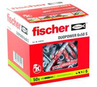 Fischer 538245 50 Tasselli Lunghi Duopower con Vite 6 x 50 mm Universali, per Il Fissaggio di Mensole, Pensili, Staffe Porta TV su Muro e Cartongesso, Grigio/Rosso, 6 x 50