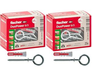 Fischer 541745 Tassello con Occhiolo Chiuso Duopower, Grigio/Rosso, 25 Pezzi (Confezione da 2)
