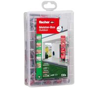 Fischer 561385 - Set di 130 tasselli con viti in acciaio inox e duopower & duoseal, per fissaggio esterno e interno, pratico aiuto per uso interno ed esterno, colore: Rosso