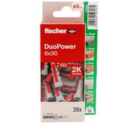 fischer - Duopower 6x30-28U, tasselli da parete multimateriale, servono per appendere biciclette, quadri, armadi, supporti TV, scaffali, mobili.