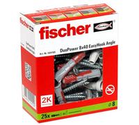 fischer EasyHook Angle, set di 25 viti con gancio angolare e tasselli DuoPower 8 x 40, viti per truciolato con gancio, ganci a vite flessibili per il montaggio in numerosi materiali da costruzione