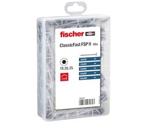 fischer MEISTER-BOX ClassicFast Assortimento Scatola con 110 viti per truciolato per interni in legno Materiali da costruzione Applicazioni Testa svasata Filettatura parziale Torx Drive Blu Zincato