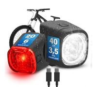 FISCHER Set di illuminazione per bicicletta Square, 40/20 Lux, luce anteriore e posteriore, con batteria, funzione di ricarica USB, protezione dagli spruzzi d'acqua secondo IP44, approvato dalla StVZO