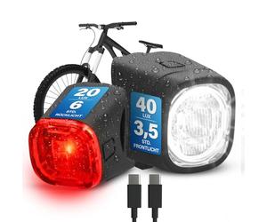 FISCHER Set di illuminazione per bicicletta Square, 40/20 Lux, luce anteriore e posteriore, con batteria, funzione di ricarica USB, protezione dagli spruzzi d'acqua secondo IP44, approvato dalla StVZO