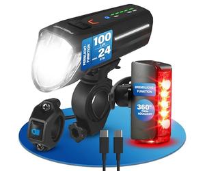 FISCHER Set di luci a LED per bicicletta Twin Stop 100 + 80 lux, con modalità sensore, lunga durata, alloggiamento in alluminio stabile, colore nero, 1 pezzo