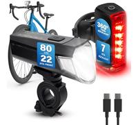 FISCHER Set di luci doppie per bicicletta, illuminazione a 360°, lampada a LED per bicicletta, 80 Lux, batteria ricaricabile con USB C, montaggio anteriore e posteriore senza attrezzi