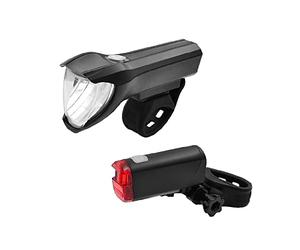 Fischer Set di luci per bicicletta 50/25/15 Lux, set di luci a batteria, luce anteriore e posteriore, con batteria e funzione di ricarica USB, 3 funzioni di illuminazione, protezione dagli spruzzi d'acqua secondo IP44, approvato dalla StVZO