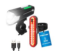 Fischer Set di luci per bicicletta 80/40/20 Lux, set di luci a batteria, luce anteriore e posteriore, con batteria e funzione di ricarica USB, 3 funzioni di illuminazione, protezione dagli spruzzi