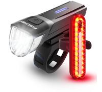 FISCHER StVZO - Kit di luci per bicicletta Stop 30/15 Lux con luce di stop, luce anteriore e posteriore, con batteria e funzione di ricarica USB, 2 funzioni, IP44, con protezione contro gli spruzzi