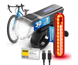 FISCHER StVZO - Kit di luci per bicicletta Stop 30/15 Lux con luce di stop, luce anteriore e posteriore, con batteria e funzione di ricarica USB, 2 funzioni, IP44, con protezione contro gli spruzzi