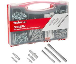 Fischer Valigetta Drill & Fix, 170 Tasselli con Vite + Punte per Trapano Muro