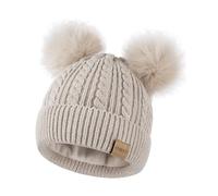 FISFET Cappelli a berretto da donna con doppio pompon, cappello a bobble da donna per il freddo, caldo, in lana intrecciata con fodera in pile, cappelli invernali per l'uso quotidiano, Color panna