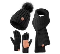 FISFET Cuffia, sciarpa e set di guanti da donna, berretto invernale da donna con pompon foderato in pile, touch screen, sciarpa, berretto caldo da donna, set 3 in 1, nero, Taglia unica
