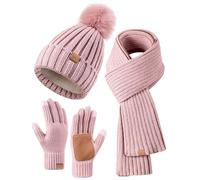 FISFET Set Invernale 3 in 1 da Donna: Cuffia con Pompon Foderata in Pile, Sciarpa e Guanti Touch Screen, Rosa, Taglia Unica