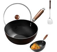 Fish Scale Pattern Flat Bottom Non-Stick Pan,Woks & Stir-fry Pans Nonstick with Lid,Carbon Steel Woks FoRund Bottom,No Chemical Coated Flat Bottom Hand Hammered, for Induction & Gas Stoves (11in)