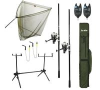 FISH-XPRO Carp Set Deluxe 2-Rod - Il set da pesca più completo - Set canne da carpa - Avvisatori di abboccata - Rod pod - Supporti posteriori - Borsone - Guadino da 42 pollici