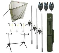 FISH-XPRO Carp Set Deluxe 3-Rod - Il set da pesca più completo - Set canne da carpa - Avvisatori di abboccata - Rod pod - Supporti posteriori - Borsone - Guadino da 42 pollici