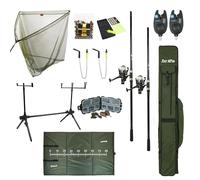FISH-XPRO Set da carpa Mega: 2 canne - mulinelli - segnalatori di abboccata - scambisti - Rodpod - borsone e altro ancora! Conveniente e completo! Mega set da pesca alla carpa!