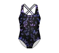 FishDing Costume da bagno intero per bambine dai 5 ai 6 anni, leggero, con spalline incrociate, per feste in acqua, Neon Musica Nota Farfalla, 11-12 Anni