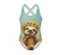 FishDing Costume da bagno intero per ragazze, comodo, età 5-6 anni, costume da bagno da spiaggia per estate e mare, Simpatico bradipo girasole, 7-8 Anni