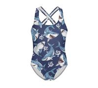 FishDing Costume da bagno per bambine dai 5 ai 6 anni, comodo costume da bagno per spiaggia e piscina, resistente all'usura, bikini hawaiano per bambini, Squali adorabili cartoni animati, 11-12 Anni