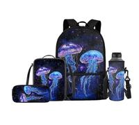 FishDing Set di 4 zaini per bambini dai 5 ai 16 anni, con borraccia, astuccio, portapranzo, scuola, set da 4, Medusa Viola, Taglia unica, Zaini Daypack