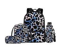 FishDing Set di 4 zaini per la scuola per bambini e ragazzi, con astuccio per matite, bottiglia d'acqua, borsa per il pranzo, Mucca Spot - Blu, Taglia unica