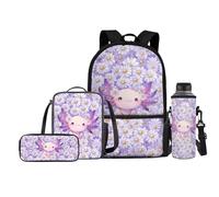 FishDing Set di 4 zaini per la scuola per ragazze, personalizzabili, con portapranzo da picnic, astuccio per matite e borraccia, borsa per l'acqua, Margherita Axolotl, Taglia unica