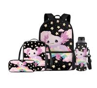 FishDing Set di 4 zaini per la scuola per ragazze, personalizzabili, con portapranzo da picnic, astuccio per matite e borraccia, borsa per l'acqua, Stelle Axolotl, Taglia unica, Zaini Daypack