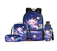 FishDing Set di 4 zaini per la scuola per ragazze, personalizzabili, con portapranzo da picnic, astuccio per matite e borraccia, borsa per l'acqua, Axolotl Notte Stellata, Taglia unica