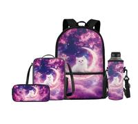 FishDing Zaino per la scuola, per bambini, con borraccia, portapranzo, zaino da viaggio per attività all'aperto (4 in 1), Luna Gatto Rosa, Taglia unica, Zaini Daypack