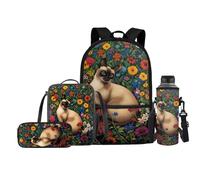 FishDing Zaino per la scuola, per bambini, con borraccia, portapranzo, zaino da viaggio per attività all'aperto (4 in 1), Gatto floreale, Taglia unica, Zaini Daypack