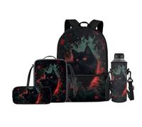 FishDing Zaino per la scuola, per bambini, con borraccia, portapranzo, zaino da viaggio per attività all'aperto (4 in 1), Gatto nero , Taglia unica, Zaini Daypack