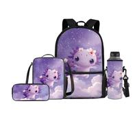 FishDing Zaino per la scuola, per bambini, con borraccia, portapranzo, zaino da viaggio per attività all'aperto (4 in 1), Axolotl Viola, Taglia unica, Zaini Daypack