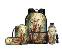 FishDing Zaino scolastico 4 in 1 con stampa animalier con scatola per matite, bottiglia d'acqua, borsa per il pranzo, borsa per libri in poliestere, Giraffa, Taglia unica, Zaini Daypack