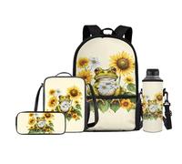 FishDing Zaino scolastico 4 in 1 con stampa animalier con scatola per matite, bottiglia d'acqua, borsa per il pranzo, borsa per libri in poliestere, Rana Girasole, Taglia unica, Zaini Daypack